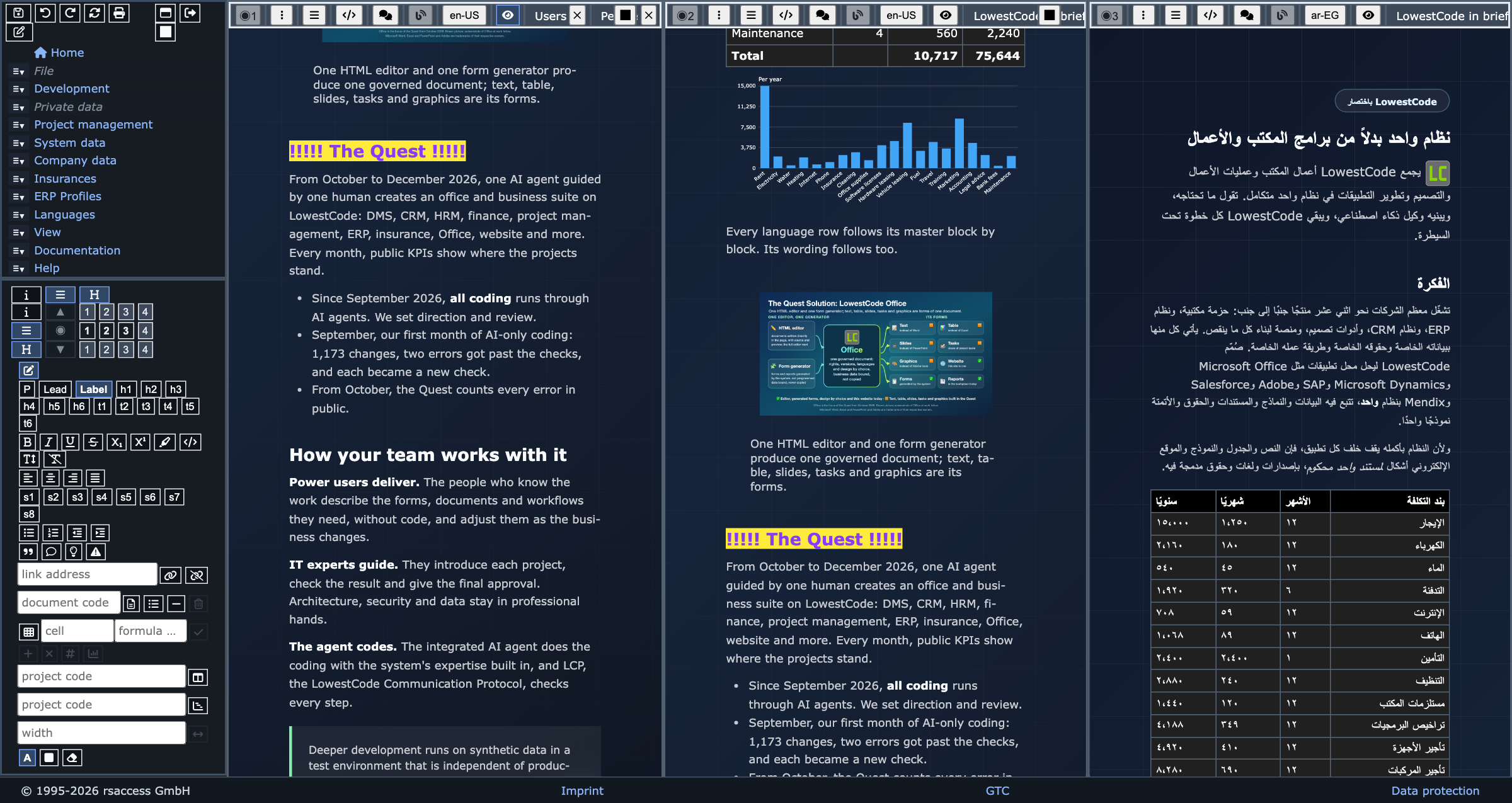 Screenshot of the LowestCode workplace: on the left the side menu with the HTML editor's toolbar below it; to its right three windows side by side, the document LowestCode in brief open in the editor in the first and shown in the second, each scrolled to its own place with the yellow-marked heading The Quest at a different height, and its Arabic translation, right to left, from its start in the third